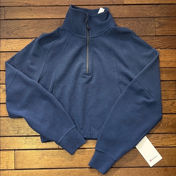 lululemon athletica Tops - Lululemon Waffle Scuba Cropped 1/2 Zip Funnel Heathered Blue Twill Medium NWT